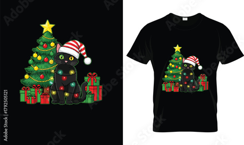 Cute Black Cat Christmas T-Shirt – Festive Kitty in Santa Hat With Lights and Tree, Funny Holiday Cat Lover Tee, Adorable Xmas Gift for Pet Owners, Cat Moms & Cat Dads