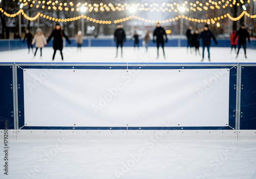 Ice Rink Banner Mockup on the Boards of an Outdoor Skating Rink in Winter Blank Advertising Template