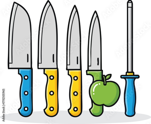 Set of kitchen knives and sharpening steel with green apple illustration