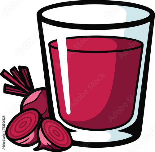A glass of beet juice with whole and sliced beets on a white background