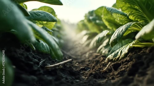 A close-up view through rows of leafy green plants in a sunlit field, focusing on earth