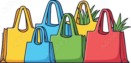 Assortment Of Colorful Shopping Bags Filled With Green Grass Against A White Background