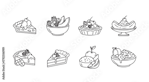 Collection of eight dessert illustrations in a charming hand drawn silhouette style