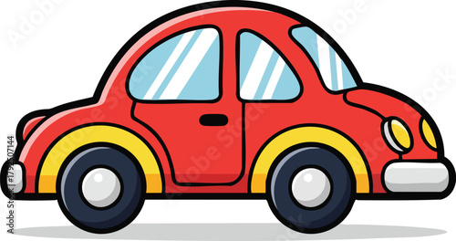 Red Pixel Art Car With Yellow Trim and Blue Windows On White Background