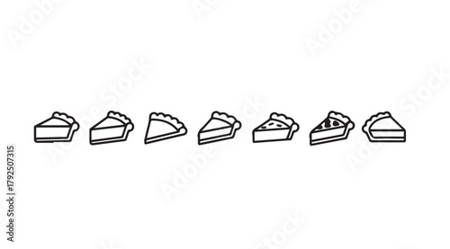 Collection of seven simple pie slices in a row silhouette