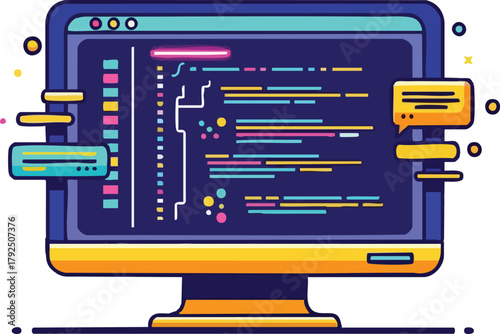 Pixelated Computer Monitor Displaying Colorful Code Snippets With Yellow Chat Bubble Icon