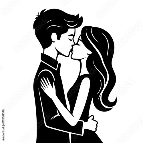 Young couple kissing in silhouette style illustration  