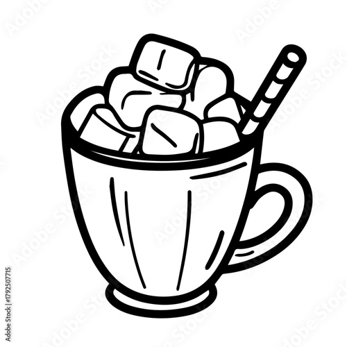 Glass cup filled with ice cubes and striped straw  