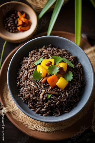 Haitian black mushroom rice (diri ak djon djon), dark flavorful rice with vegetables and beans. Haiti traditional authentic food. Caribbean cuisine.