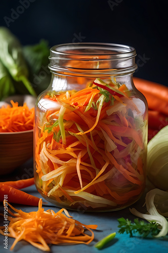 Haitian pikliz — colorful jar of shredded cabbage, carrots, and chili peppers in vinegar. Haiti traditional authentic food. Caribbean cuisine.