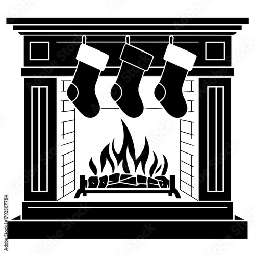 Christmas fireplace with three stockings and flames inside  