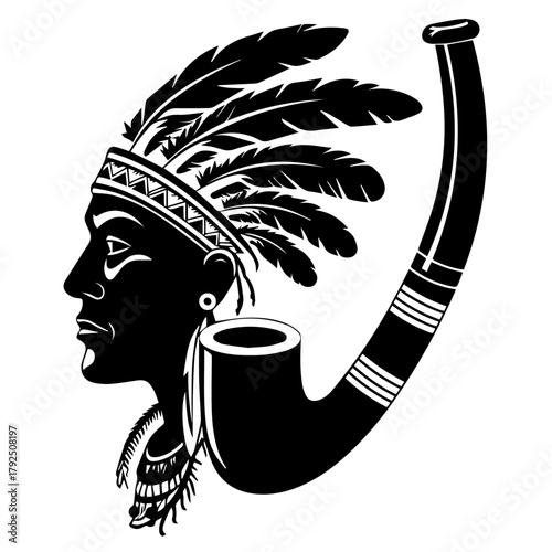 Native American man with feather headdress and smoking pipe  