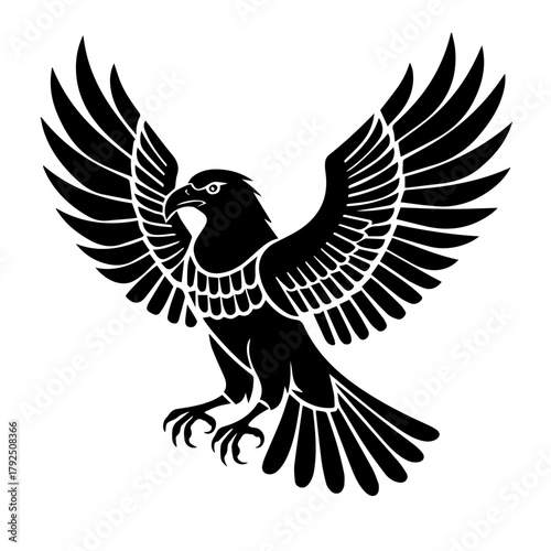 Black silhouette of eagle with spread wings in flight position  