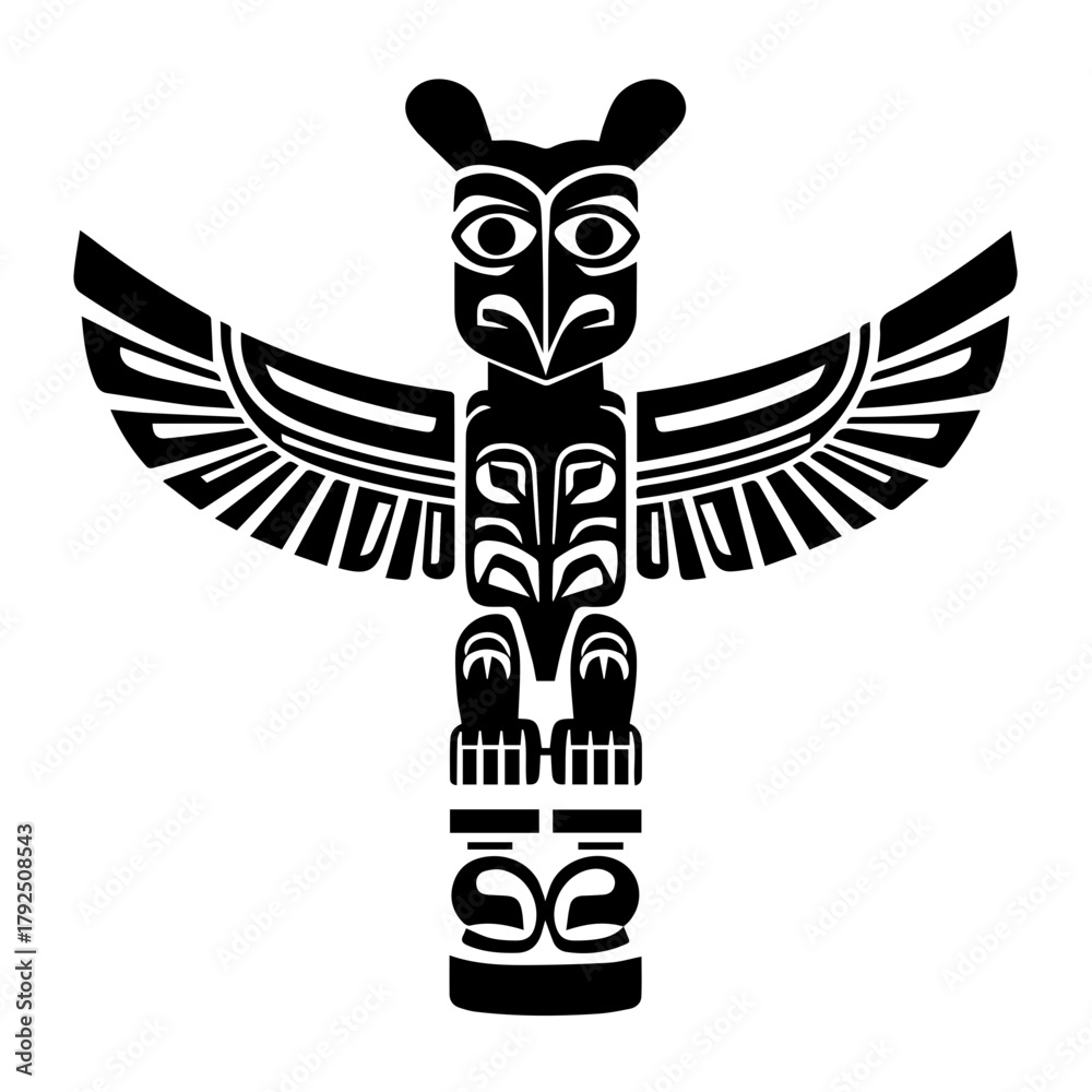 Fototapeta premium Black silhouette of a totem pole representing a mythical bird 