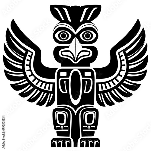Indigenous totem bird with wings spread and intricate details  