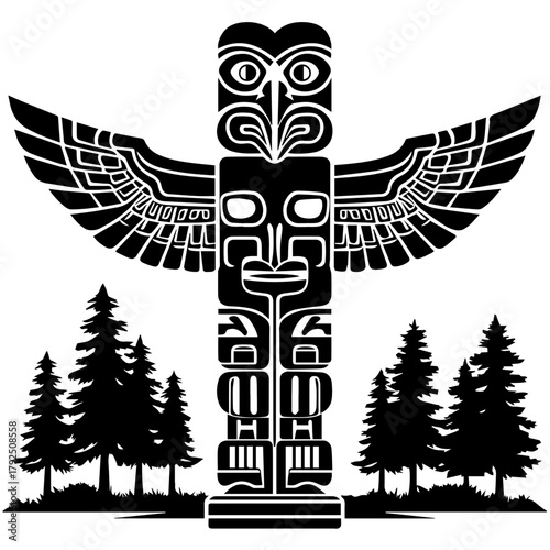 Indigenous totem pole surrounded by tall evergreen trees  