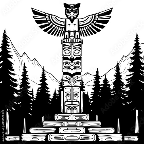 Indigenous totem pole with carved figures surrounded by trees  