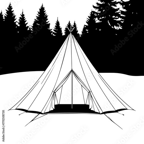 Tent in forest illustration with silhouette trees in black and white  