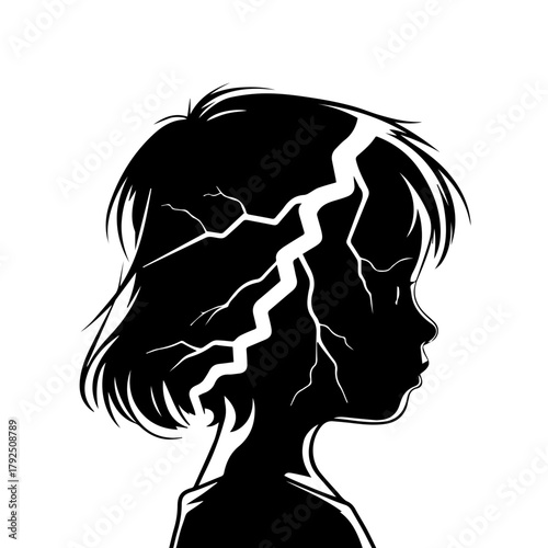 Silhouette of child with crack and lightning symbolizing distress  