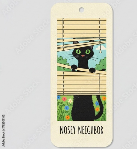 cat on window Bookmark illustration of a nosey kitty cat peeking thru window blinds on outdoor background curiosity feline 