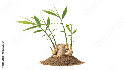Ginger Sprout with Green Leaves on Mound of Soil Against Black Backdrop
