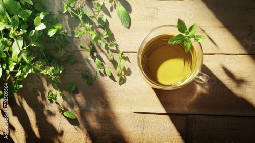 Cup of green tea on a wooden table with natural light and soft shadows
