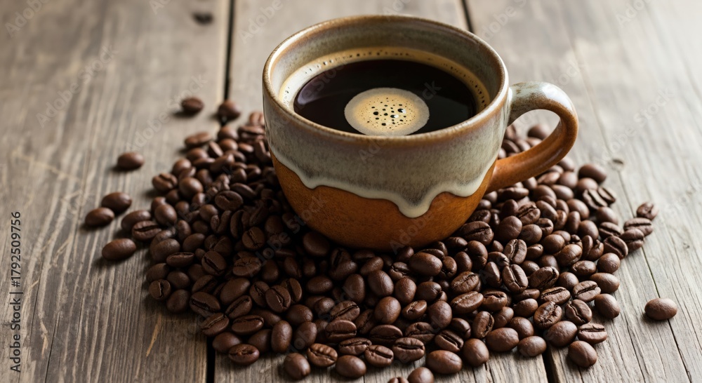Fototapeta premium Freshly Brewed Coffee in a Rustic Cup Surrounded by Coffee Beans for Home or Café Enjoyment