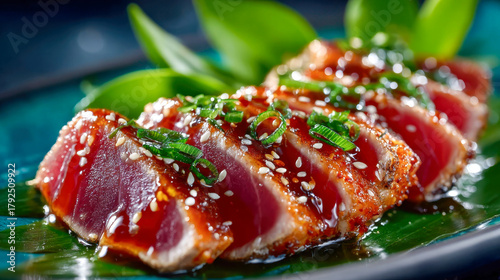 Fototapeta Naklejka Na Ścianę i Meble -  Close-up of seared tuna tataki topped with sesame seeds, scallions, and glaze on a green leaf