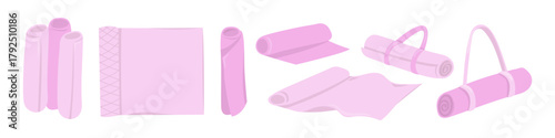 Yoga and meditation mat. Sport equipment pink collection. Rolled fitness carpet,  training mat, karemat. Vector illustration set isolated on white.