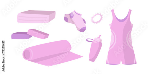 Equipment for yoga, fitness, stretching. Sportswear, socks, mat, blocks, water bottle, hair tie. Collection of pink things. Vector illustration set isolated on white background.