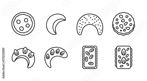 Collection of diverse cookie and cracker shapes in a simple black and white silhouette style