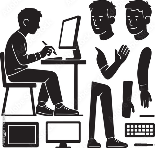 Digital creative professional working on a computer using a stylus, with versatile customizable body parts and essential technology tools for graphic design, animation, and remote work