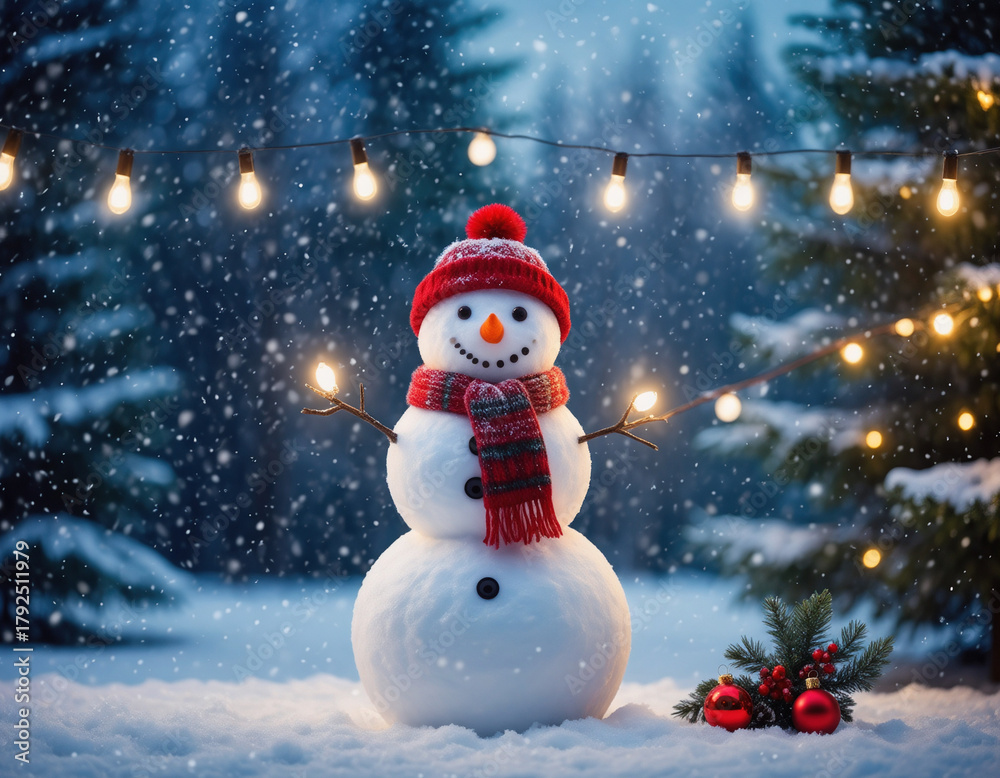 Fototapeta premium Snow man with snow fall blur Christmas decoration.