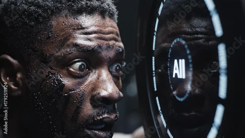 Scared man looking at his reflection showing an ai message on a futuristic mirror, depicting concepts of artificial intelligence, fear, and future technology