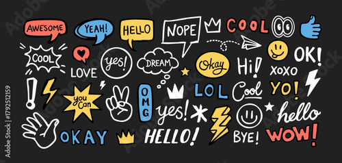 Hand-drawn doodle speech bubbles, words, and icons, including hello, wow, cool, love, lightning, peace, and emoji faces. Perfect for stickers, t-shirts, posters, and digital design.