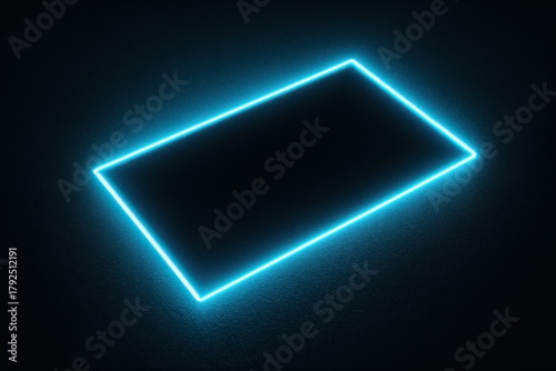 Hard-edged rectangular light reflection on glossy surface, neon blue/cyan rim with dark core, subtle grain, graphic minimalism.