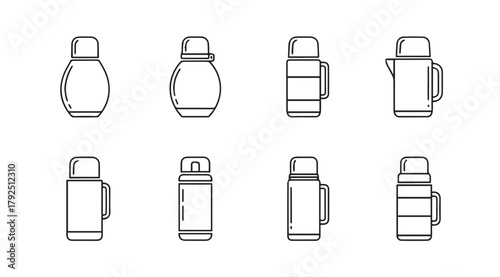 Collection of eight different thermos flask outlines in a simple silhouette style