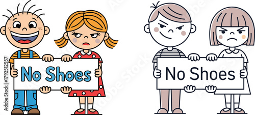 Cartoon kids holding no shoes sign, funny character illustration, barefoot children concept, education, safety, hygiene, rule awareness vector art