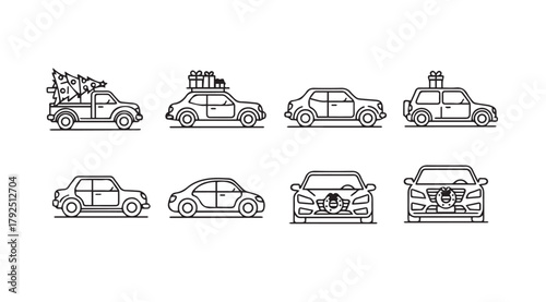 Collection of diverse car silhouettes with festive christmas tree and gift decorations silhouette