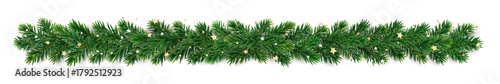 Christmas tree garland made of lush green fir branches with golden star confetti. Elegant festive border for Christmas design, cards, and winter holiday projects.Transparent background in vector file.