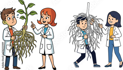 Cartoon scientists studying plant roots, biology research experiment illustration, teamwork in laboratory, plant anatomy, education science concept for learning growth