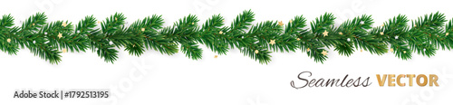Seamless Christmas tree garland of fir branches decorated with golden star confetti. Bright festive decoration for Christmas banners, cards, design backgrounds. Transparent background in vector file.