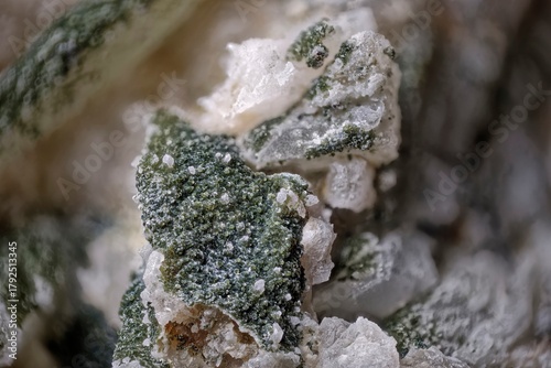 Macro photo of shamosite on quartz and calcite from Dalnegorsk — dark green microcrystalline aggregates under 2X magnification — professional micro mineral photography