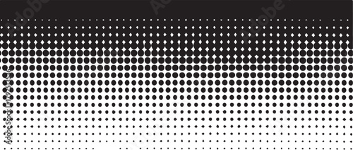 Halftone pattern with black circles creating a seamless gradient effect from solid darkness at the top to complete white at the bottom, offering a retro graphic background for design projects.