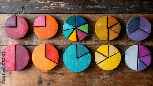 Multiple colorful wooden circular charts displaying various data divisions arranged on a rustic tabletop