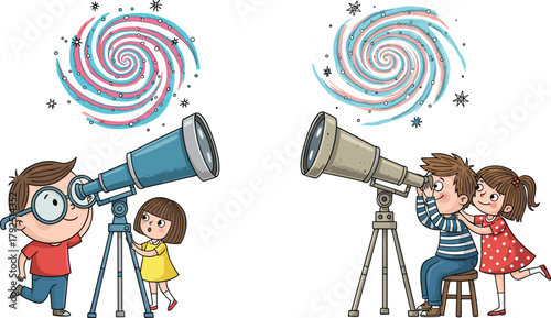 Cute children observing stars with telescope, astronomy education for kids, night sky exploration, galaxy illustration, space learning concept for science