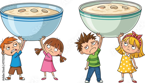 Funny children lifting giant bowls of food cartoon illustration, teamwork, struggle, challenge concept, kids showing effort, humor and creativity