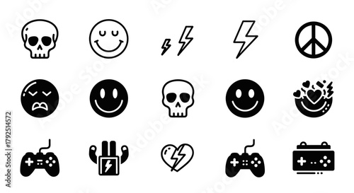 A collection of black and white icons featuring skulls, emojis, lightning bolts, peace signs, hearts, and game controllers.