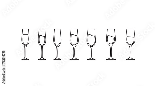 Collection of elegant champagne flute glasses filled with bubbly liquid silhouette