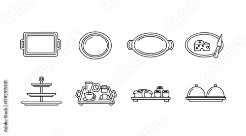 Collection of food serving platters and trays in a simple line art silhouette style